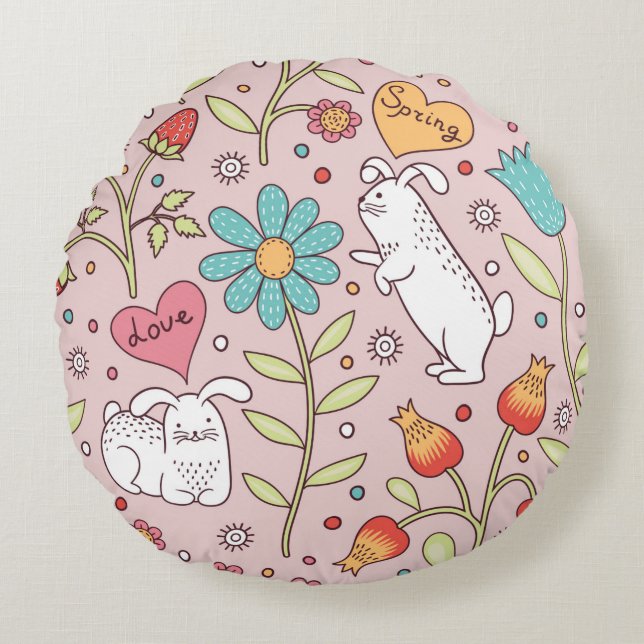 Cute seamless pattern with bunnies round pillow (Front)