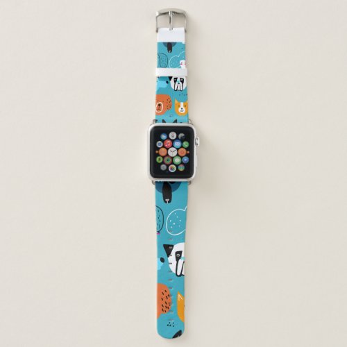 Cute seamless pattern with funny dogs on a blue ba apple watch band