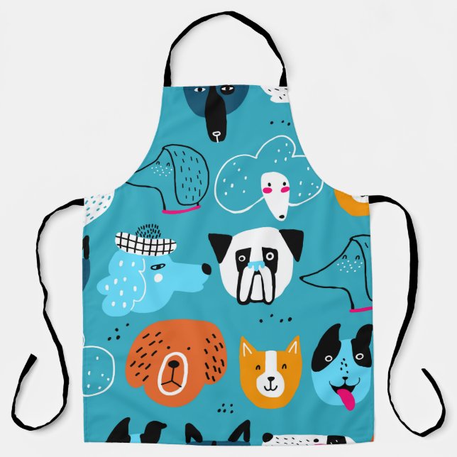 Cute seamless pattern with funny dogs on a blue ba apron (Front)