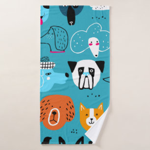 Cute seamless pattern with funny dogs on a blue ba bath towel