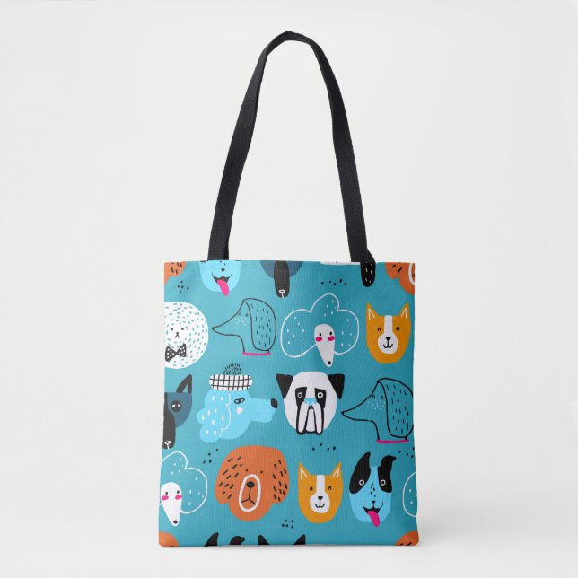Cute seamless pattern with funny dogs on a blue ba tote bag (Front)