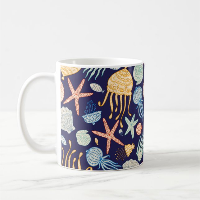 Cute seamless pattern with jellyfish, shells, fish coffee mug (Left)
