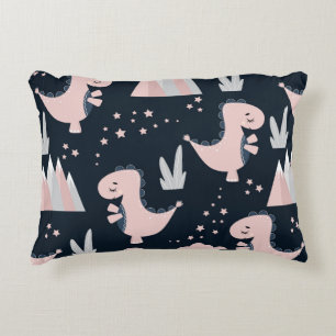 Cute seamless pattern with pink dinosaurs on a dar accent pillow