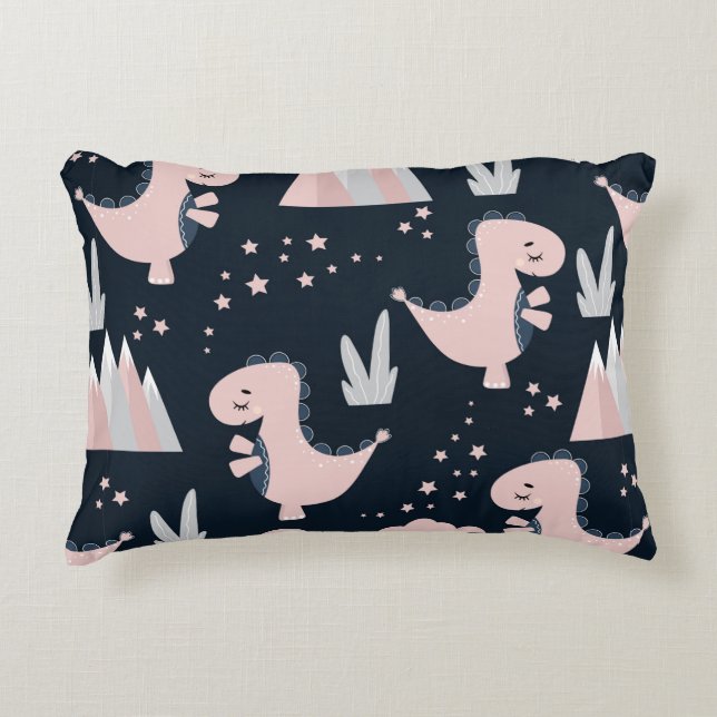 Cute seamless pattern with pink dinosaurs on a dar accent pillow (Front)