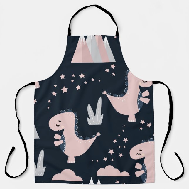 Cute seamless pattern with pink dinosaurs on a dar apron (Front)