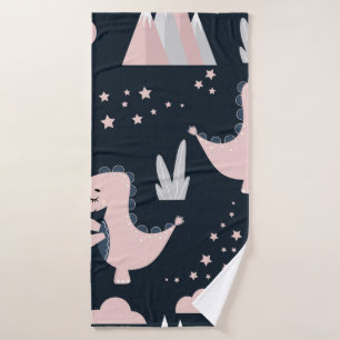 Cute seamless pattern with pink dinosaurs on a dar bath towel