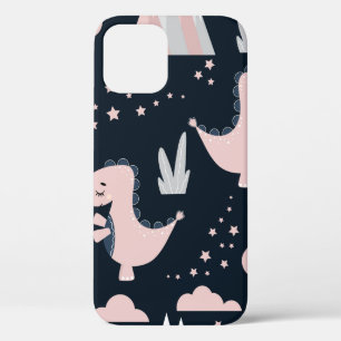 Cute seamless pattern with pink dinosaurs on a dar iPhone 12 case