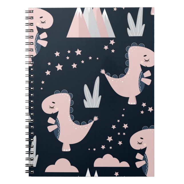 Cute seamless pattern with pink dinosaurs on a dar notebook (Front)