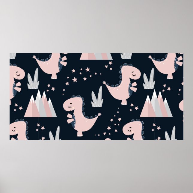 Cute seamless pattern with pink dinosaurs on a dar poster (Front)