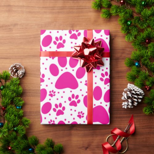 Cute Seamless Pink Paw Print Holiday  Wrapping Paper