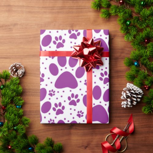 Cute Seamless Purple Paw Print Holiday  Wrapping Paper
