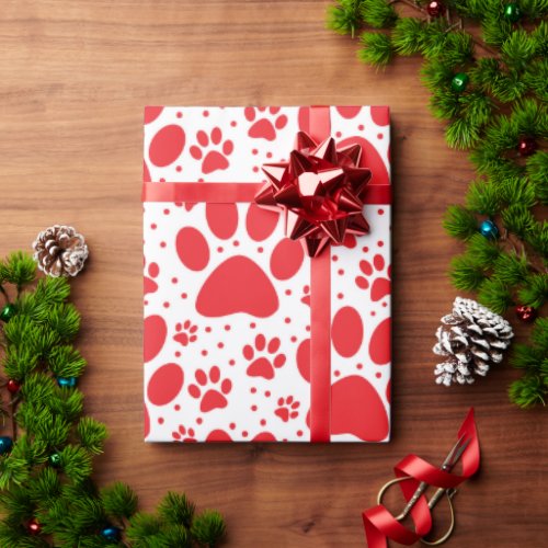 Cute Seamless Red Paw Print Holiday  Wrapping Paper