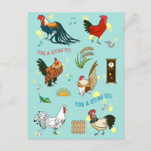 Cute seamless roosters pattern cartoon postcard