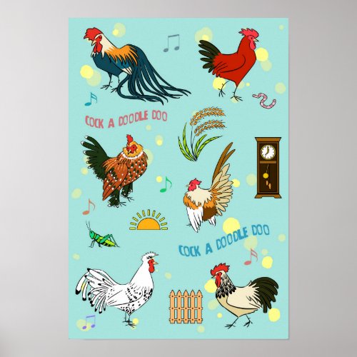 Cute seamless roosters pattern cartoon poster