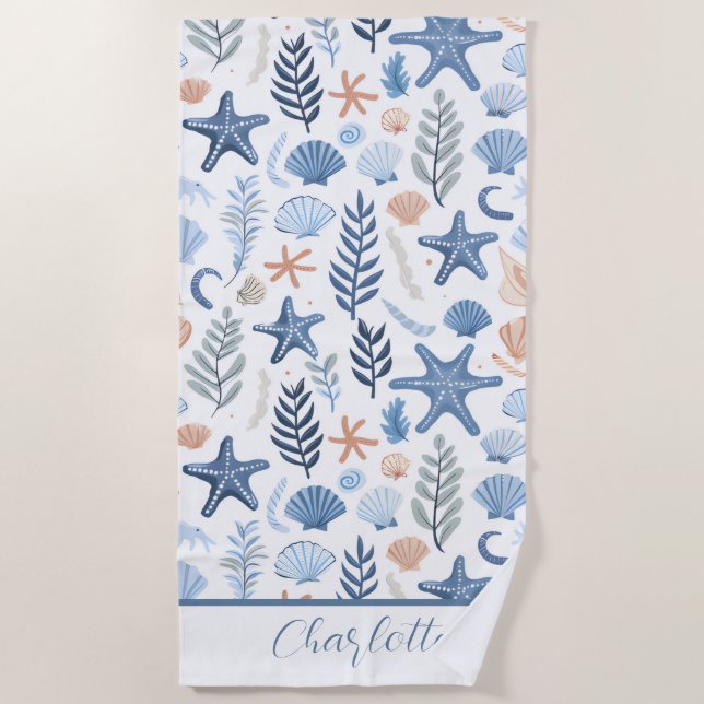 Cute Seashell Starfish Personalized Name Beach Towel (Front)
