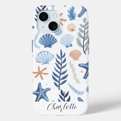 Cute Seashell Starfish Personalized Name iPhone 15 Case