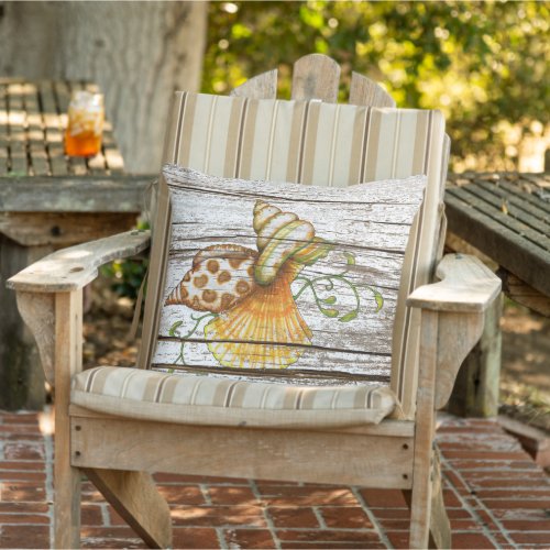 Cute Seashells Old Weathered Wooden Planks Pattern Outdoor Pillow