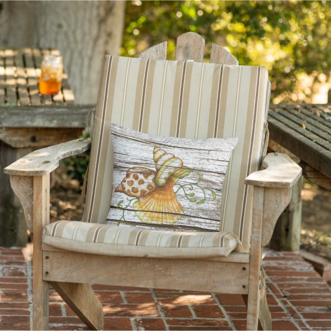 Cute Seashells Old Weathered Wooden Planks Pattern Outdoor Pillow (Chair)