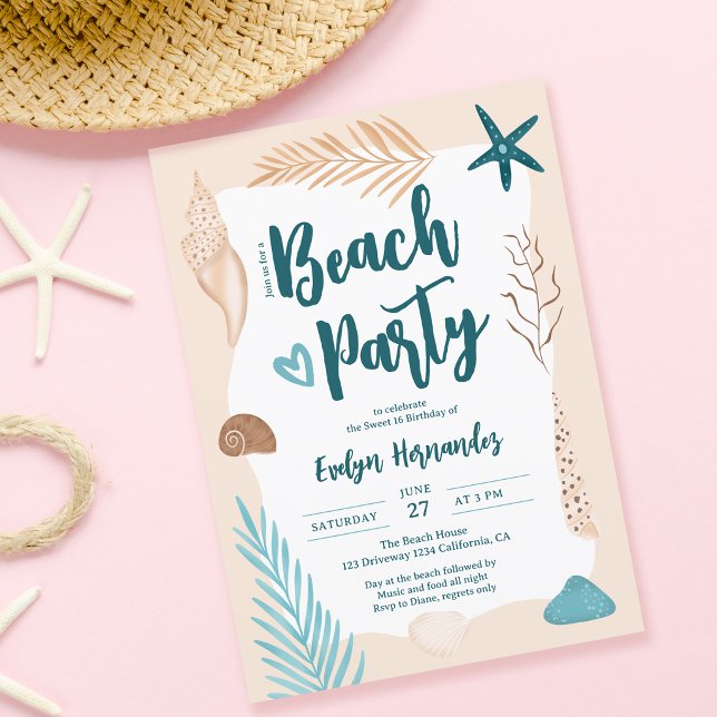 Cute Seashells palm leaf beach party Sweet 16 Invitation