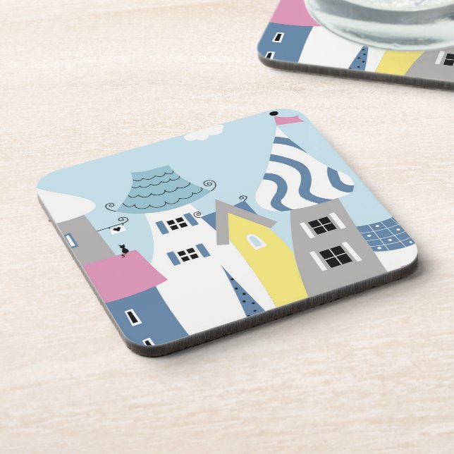 Cute Seaside Town illustration Beverage Coaster (Left Side)