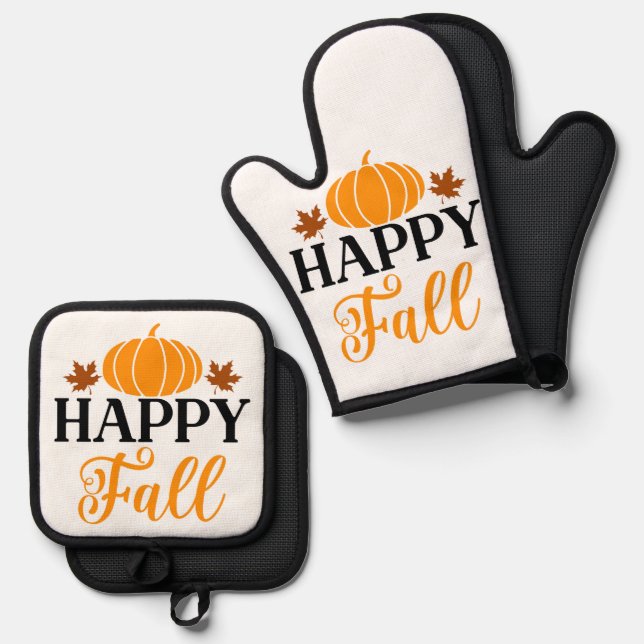 Cute Seasonal Happy Fall Pumpkin Baking  Oven Mitt & Pot Holder Set (Front/Back)