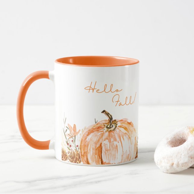 Cute Seasonal Hello Fall Watercolor Pumpkin Coffee Mug (With Donut)