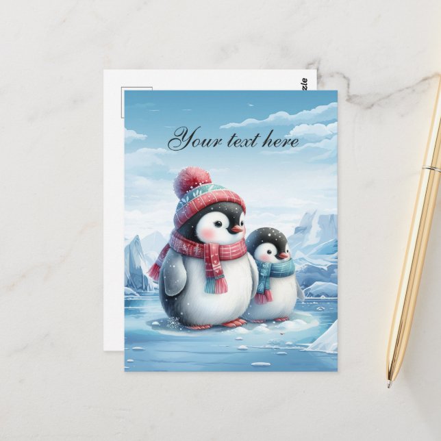 Cute Seasonal Winter penguin add text  Postcard (Front/Back In Situ)
