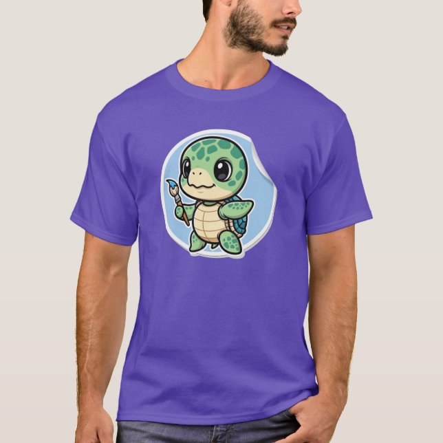 Cute Seaurtle With Paintbrush Kawaii Artist Animal T-Shirt (Front)