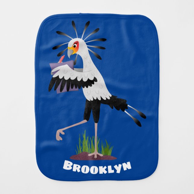 Cute secretary bird writing notes cartoon baby burp cloth (Front)