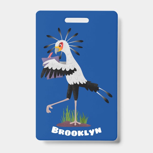 Cute secretary bird writing notes cartoon badge (Front)
