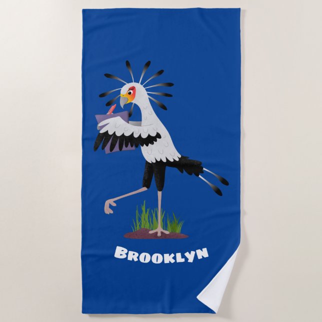 Cute secretary bird writing notes cartoon beach towel (Front)