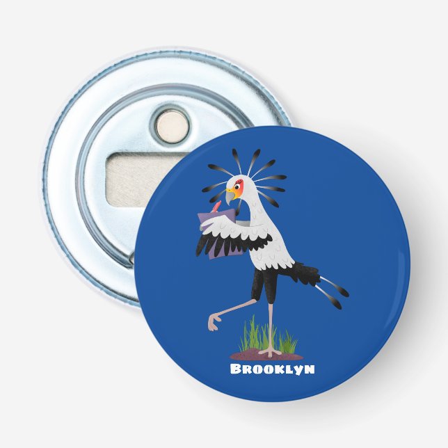 Cute secretary bird writing notes cartoon bottle opener (Front)