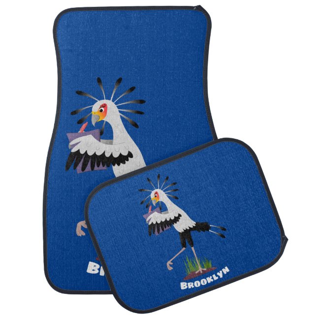 Cute secretary bird writing notes cartoon car floor mat (Set)