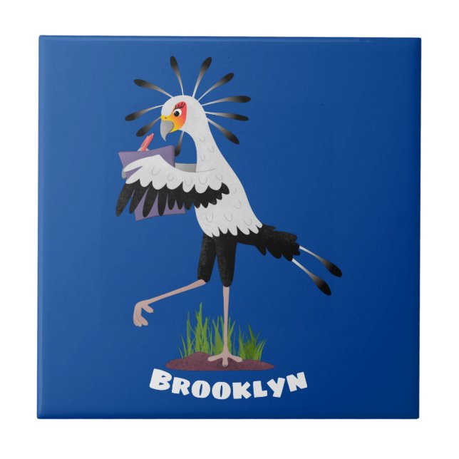 Cute secretary bird writing notes cartoon ceramic tile (Front)