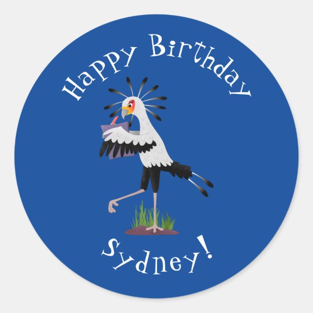 Cute secretary bird writing notes cartoon classic round sticker (Front)