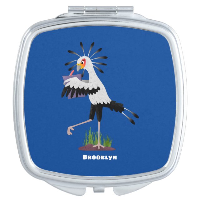 Cute secretary bird writing notes cartoon compact mirror (Front)