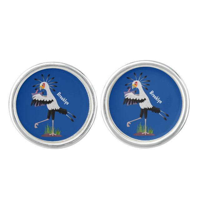 Cute secretary bird writing notes cartoon cufflinks (Front)