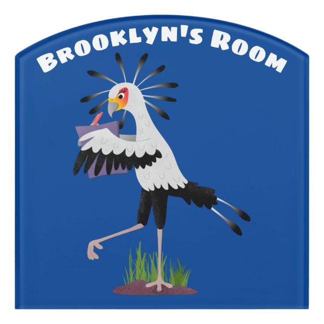 Cute secretary bird writing notes cartoon door sign (Contour Front)