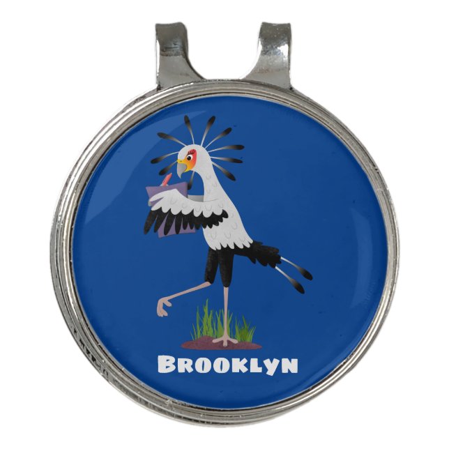 Cute secretary bird writing notes cartoon golf hat clip (Front)