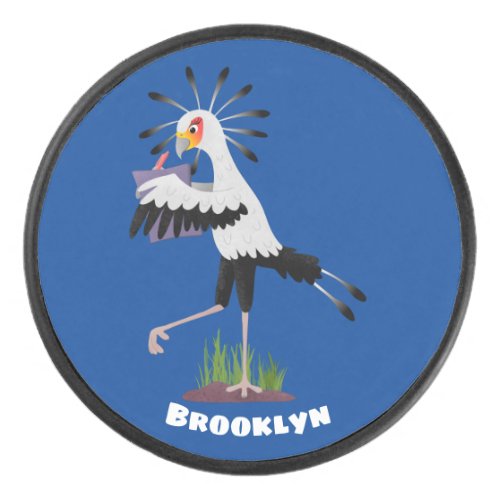 Cute secretary bird writing notes cartoon hockey puck