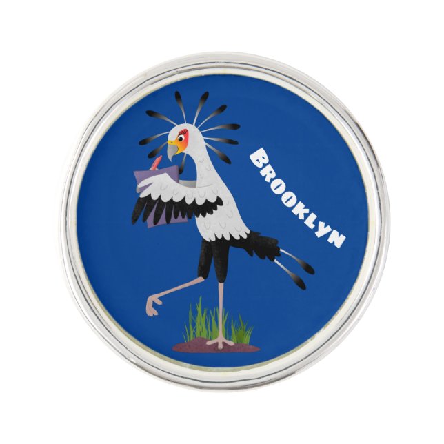 Cute secretary bird writing notes cartoon lapel pin (Front)