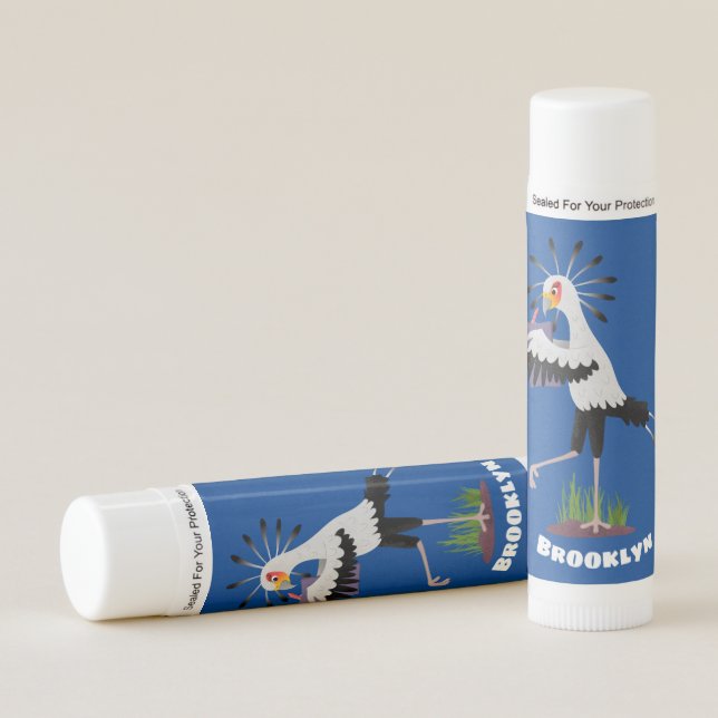 Cute secretary bird writing notes cartoon lip balm (Front)