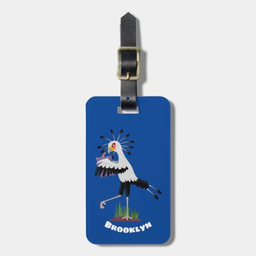 Cute secretary bird writing notes cartoon  luggage tag