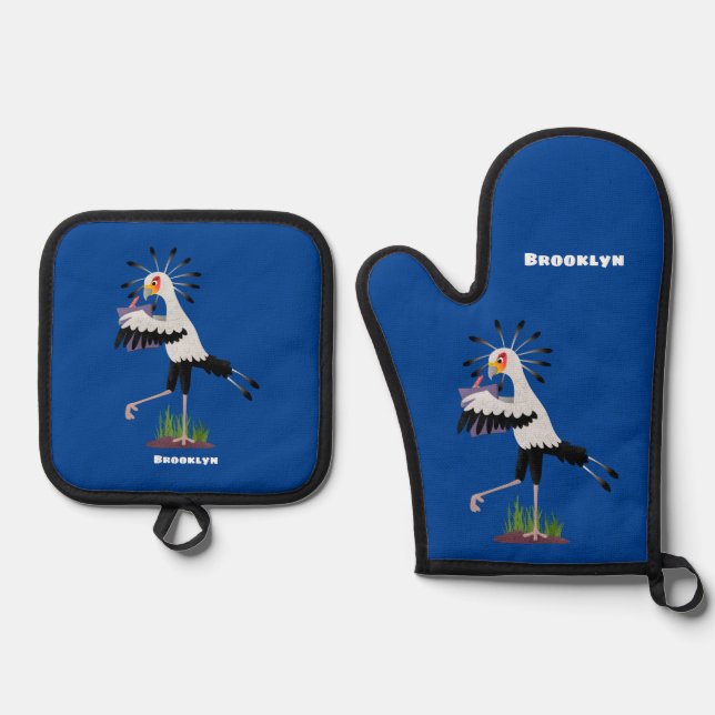 Cute secretary bird writing notes cartoon oven mitt & pot holder set (Front)