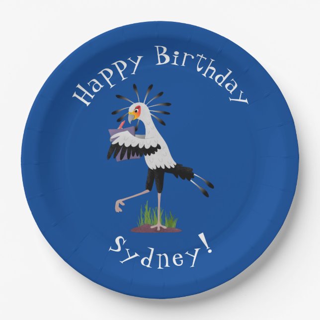 Cute secretary bird writing notes cartoon  paper plates (Front)