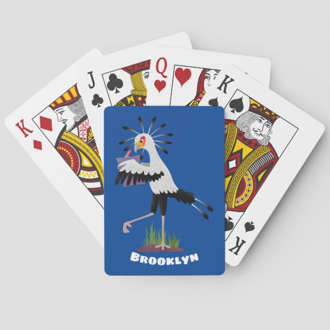 Cute secretary bird writing notes cartoon poker cards (Back)