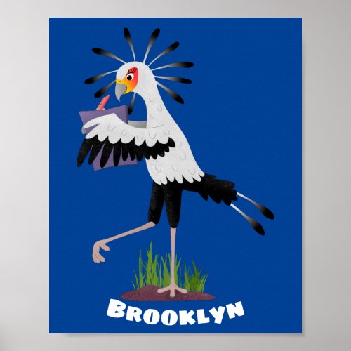 Cute secretary bird writing notes cartoon poster