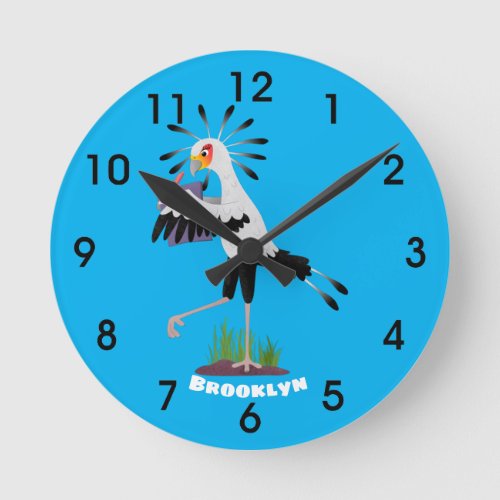 Cute secretary bird writing notes cartoon round clock