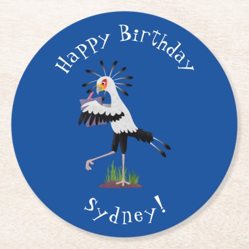 Cute secretary bird writing notes cartoon round paper coaster