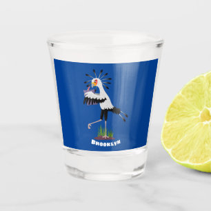 Cute secretary bird writing notes cartoon shot glass